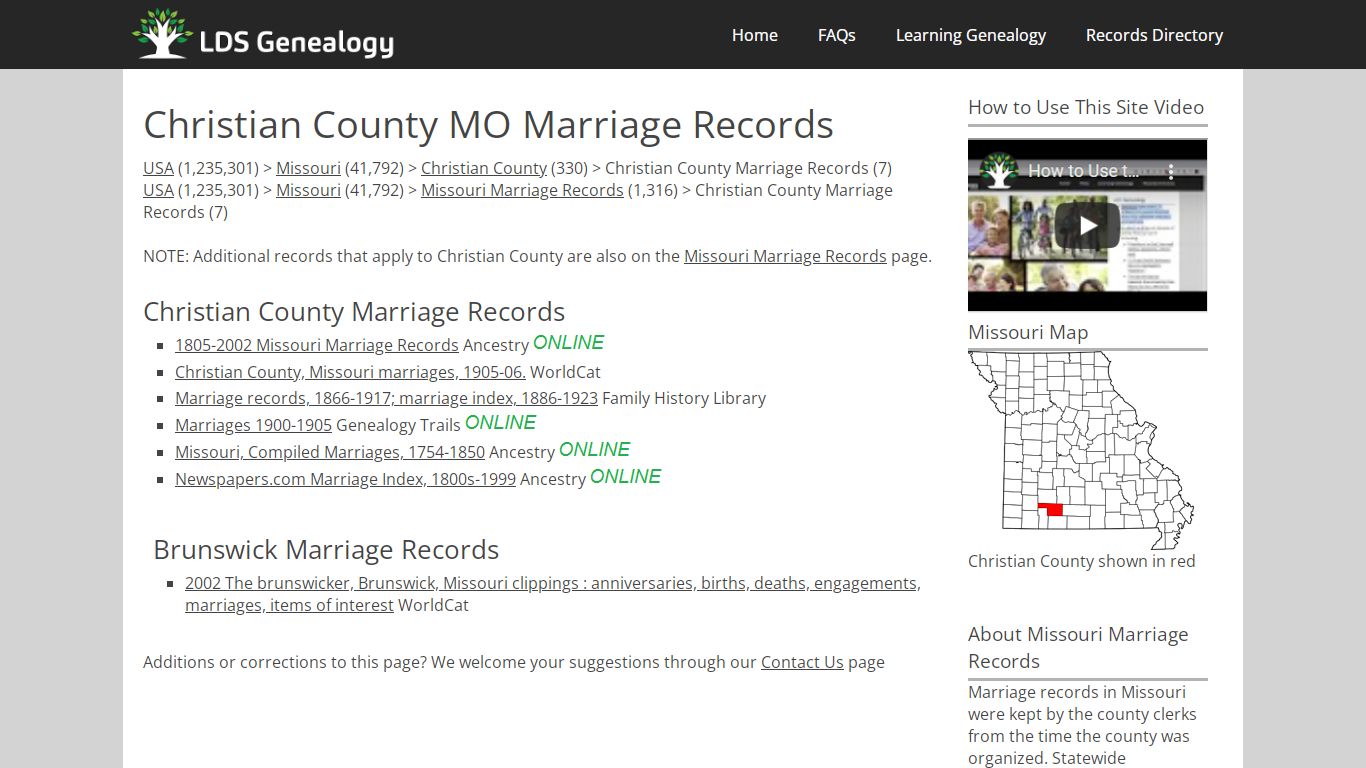 Christian County MO Marriage Records - LDS Genealogy